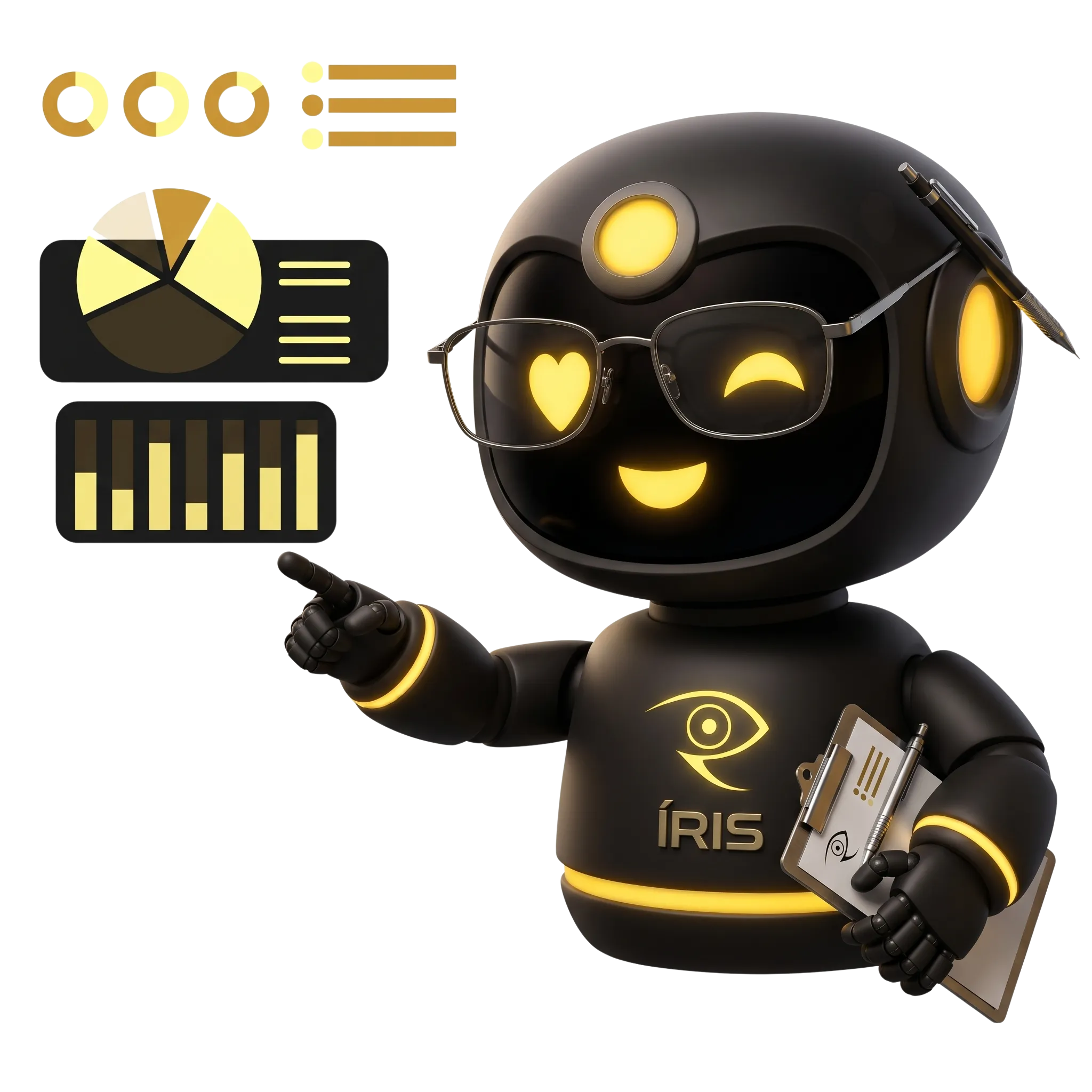 Íris, mascote da OFT-Review, ao lado de gráficos de desempenho.