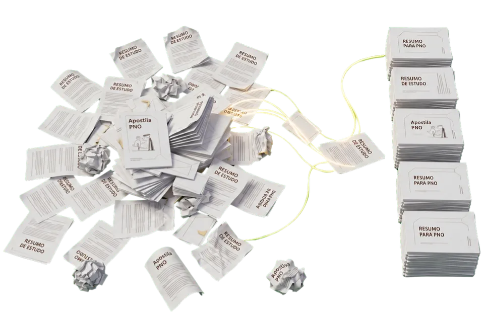 Resumos e apostilas espalhados e amassados de um lado e os mesmos materiais organizados em pilhas do outro - do caos à ordem nos estudos para a prova de oftalmologia.