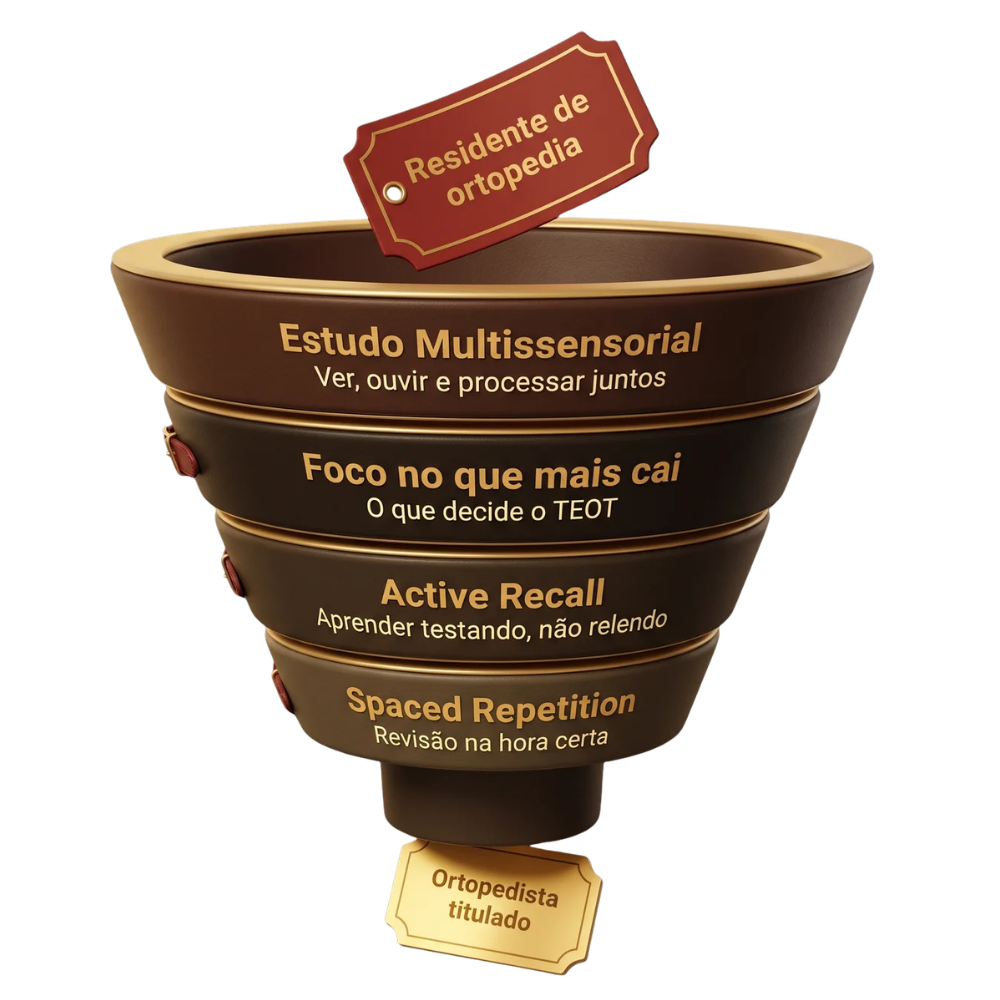 Funil da metodologia do Extensive Fast da Ortop-Review: Estudo Multissensorial, Foco no que mais cai, Active Recall e Spaced Repetition