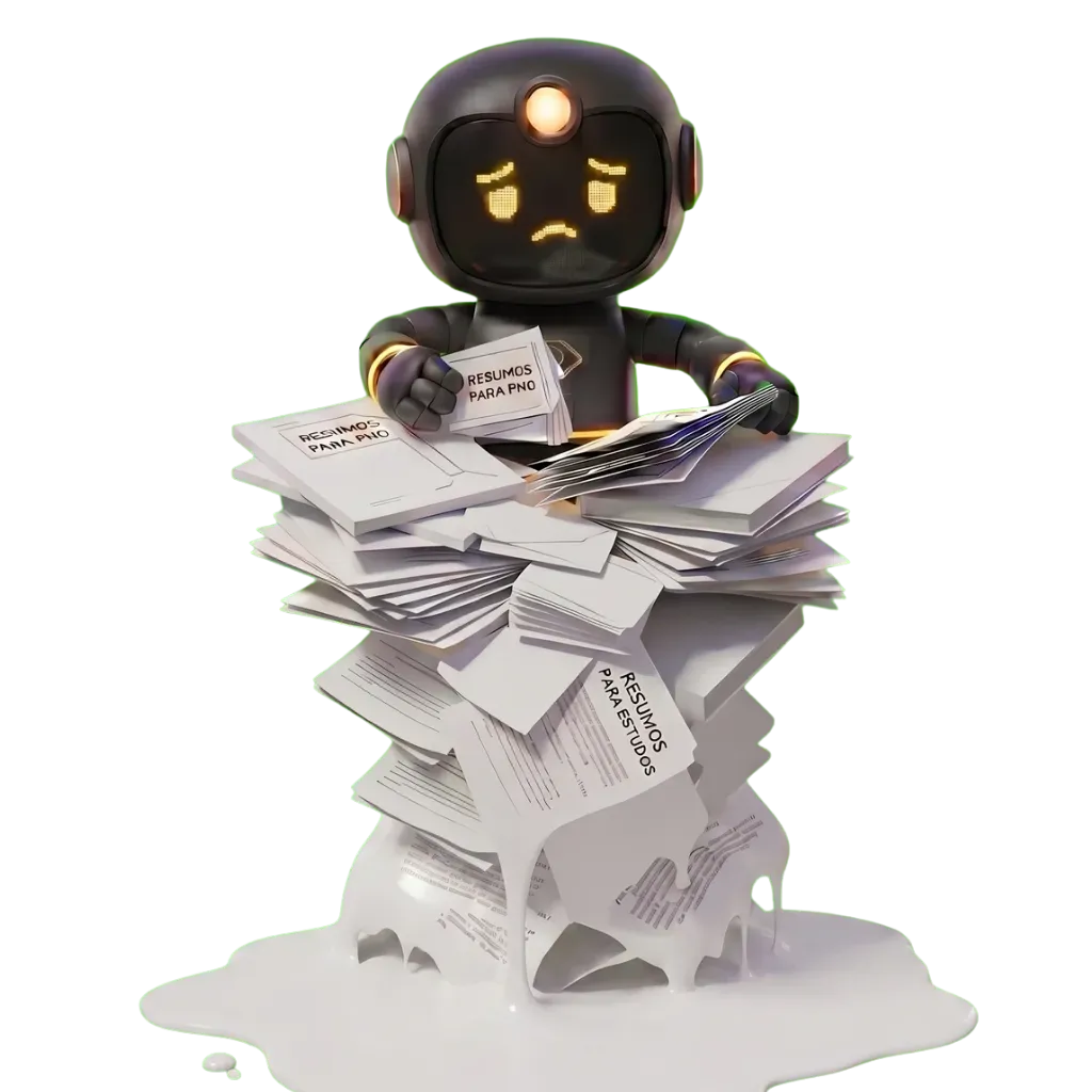 Iris, a mascote da OFT-Review, cercada por uma cascata de resumos, apostilas e PDFs caindo - a sobrecarga de material de estudo para a prova de oftalmologia.