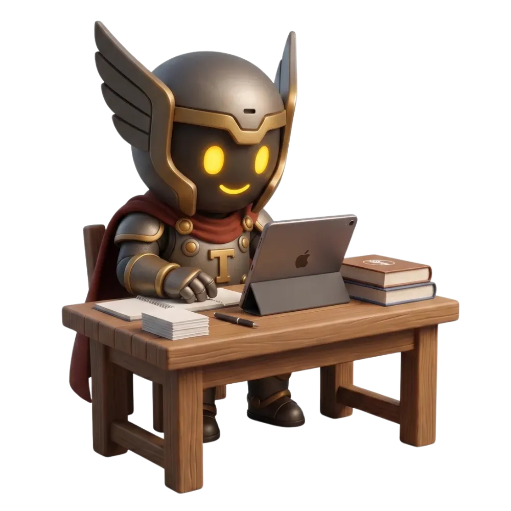 Thor, mascote da Ortop-Review, estudando sorridente com tablet, caderno e livros em uma mesa — preparação com direção e método para a prova do TEOT.