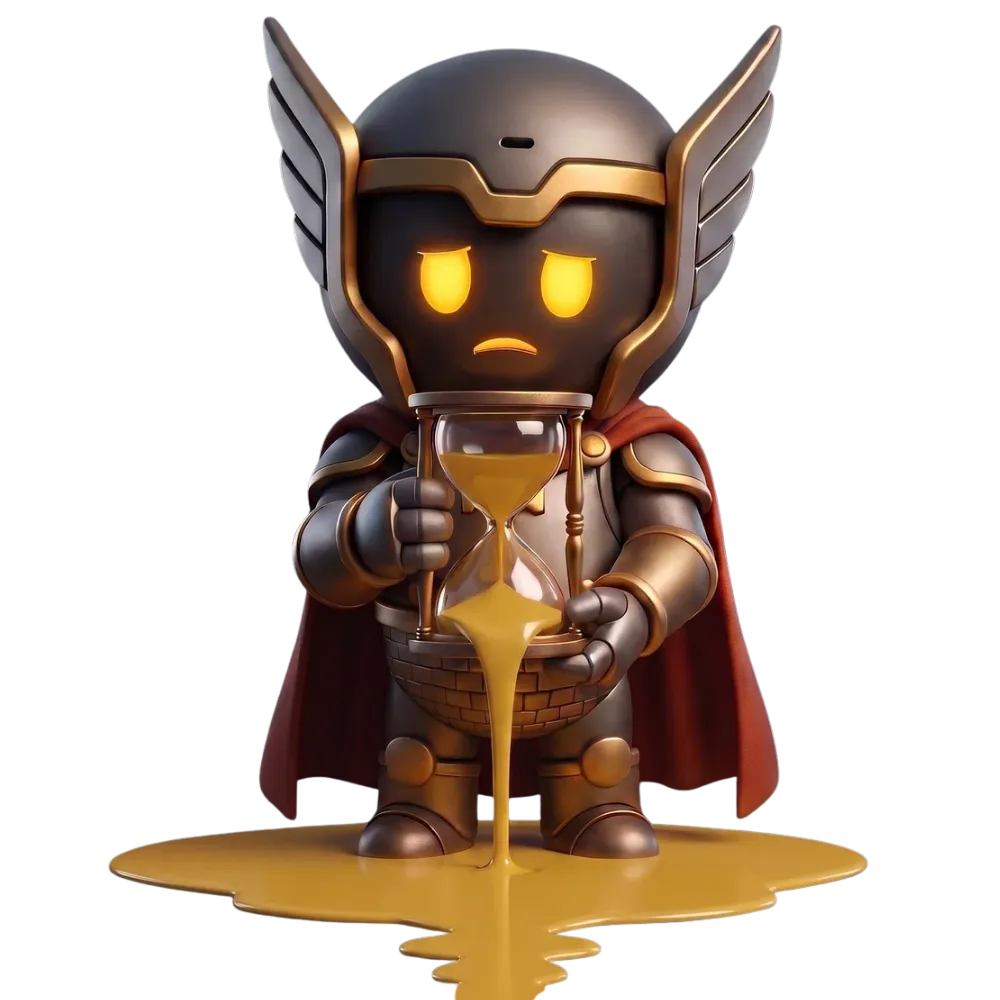Thor, mascote da Ortop-Review, segurando uma ampulheta cuja areia dourada escorre — o tempo correndo contra quem começou a estudar tarde para a prova do TEOT.