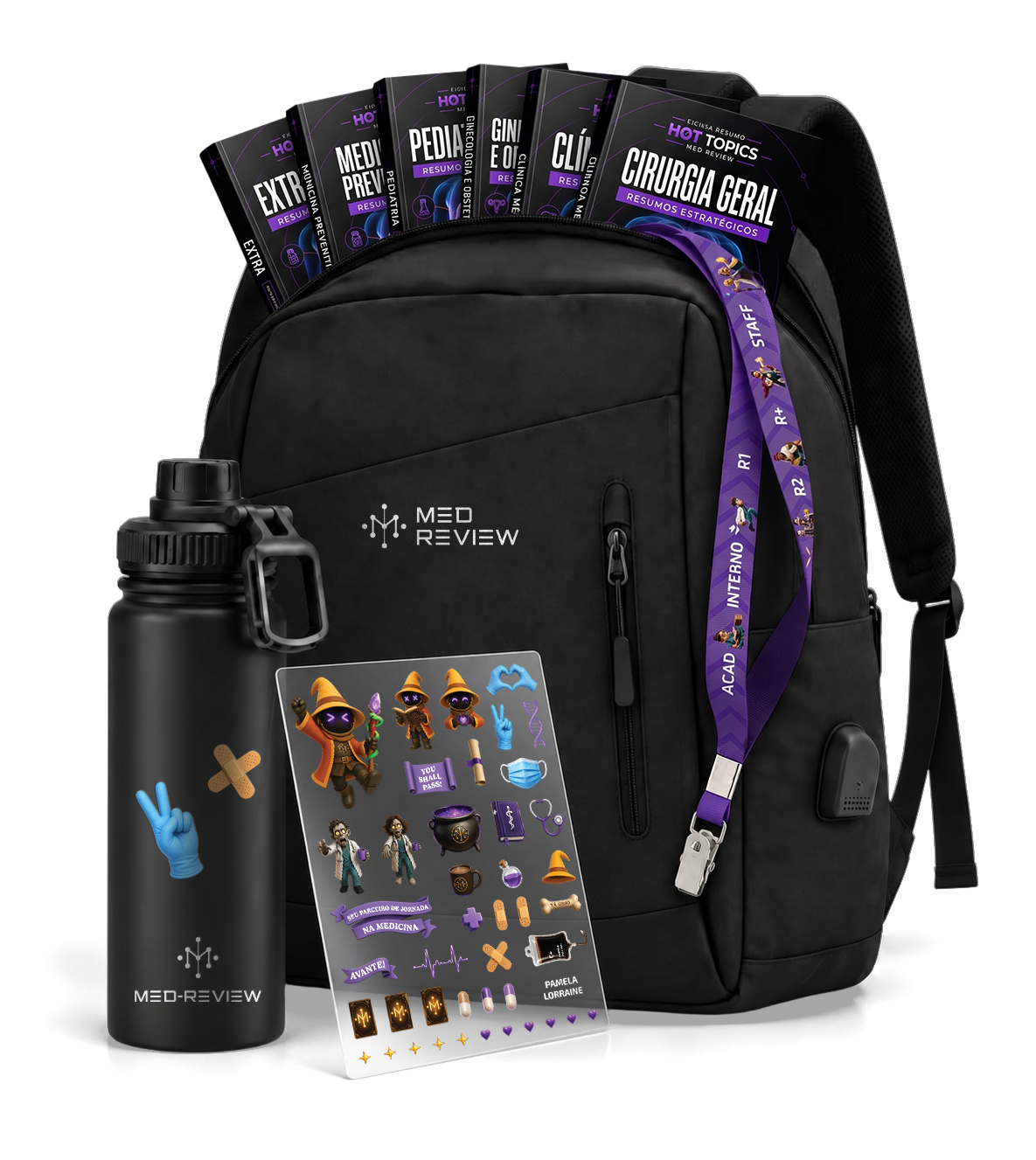 Lux Bag Med-Review: Hot Topics em livros físicos, mochila, garrafa térmica Linqit e cordão tirante