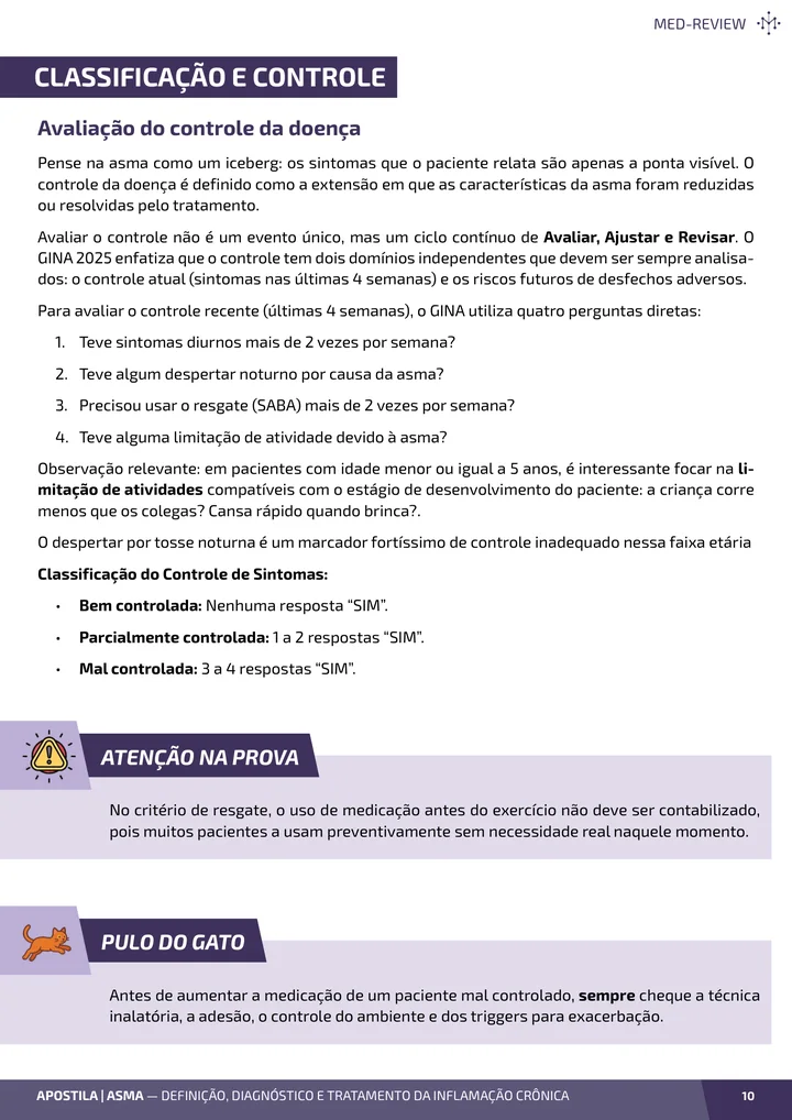 Página interna da apostila sobre Asma: classificação, tratamento e crise asmática