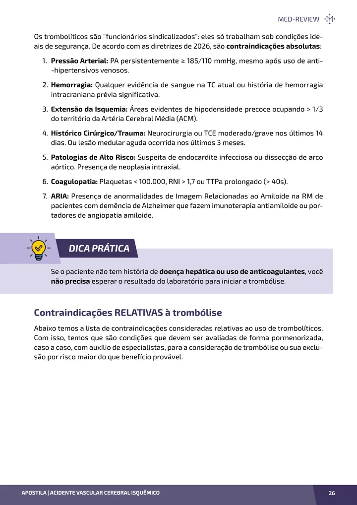 Página interna da apostila sobre AVC isquêmico: fisiopatologia, trombólise e trombectomia