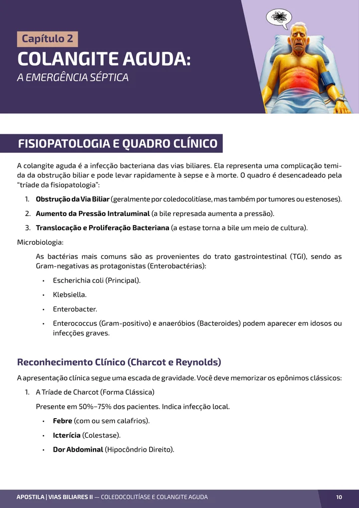 Página interna da apostila sobre Coledocolitíase e colangite aguda: do cálculo à sepse biliar