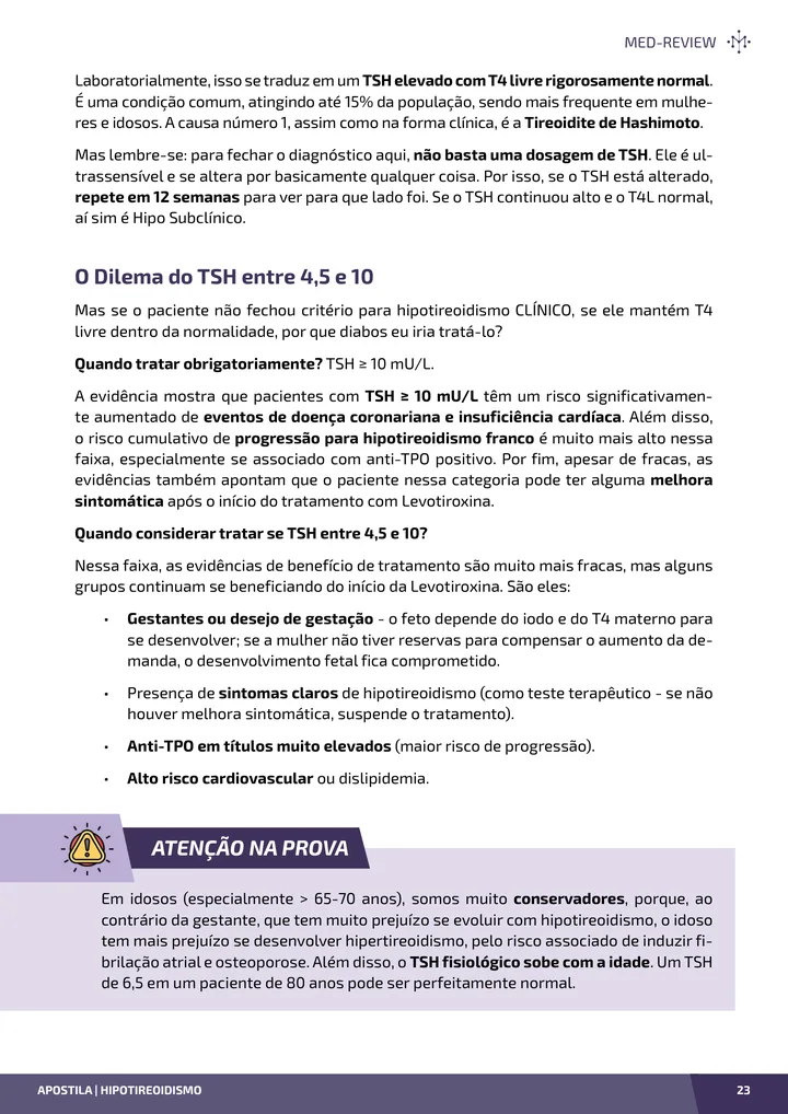 Página interna da apostila sobre Hipotireoidismo: primário, central e subclínico