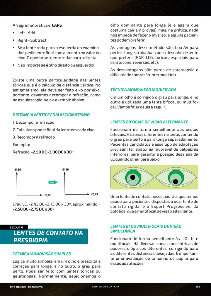Página interna da apostila sobre Lentes de contato: parâmetros, adaptação e complicações