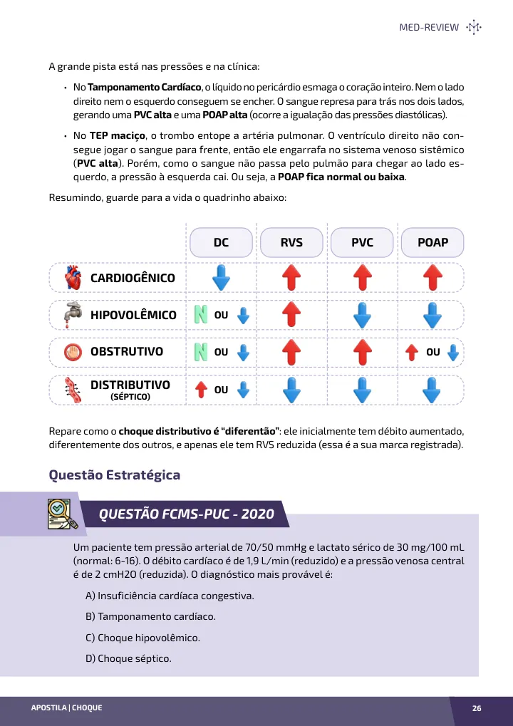 Página interna da apostila sobre Choque circulatório: perfusão, tipos e tratamento