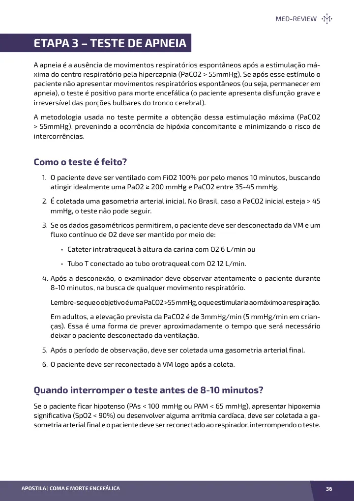 Página interna da apostila sobre Coma e morte encefálica