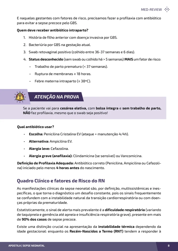 Página interna da apostila sobre Sepse neonatal: precoce, tardia e profilaxia do GBS