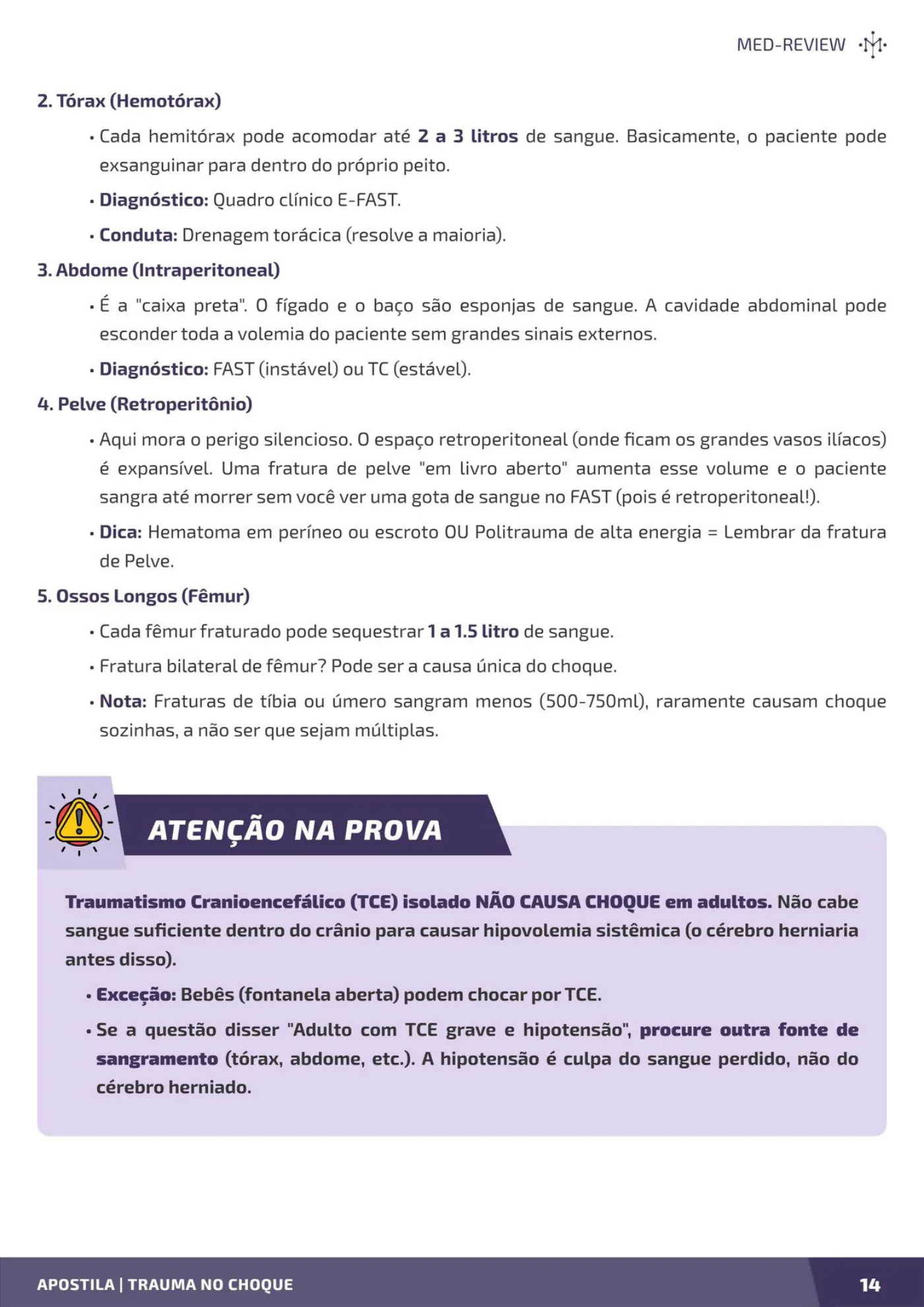 Página da apostila Choque no trauma: classificação, transfusão maciça e controle de danos